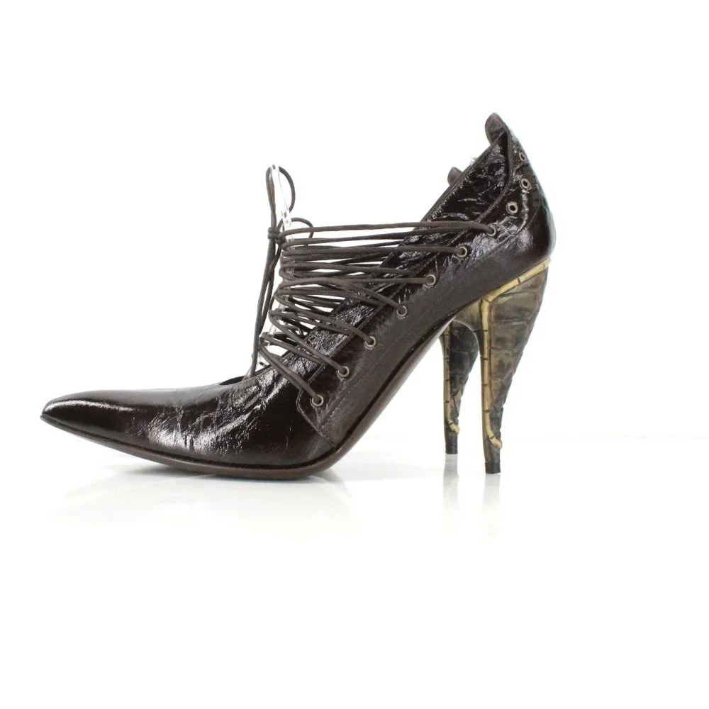 Gianni Barbato Patent Leather Lace Up Pointed Pumps Sculptural Heel Brown 7.5 - Picture 5 of 16